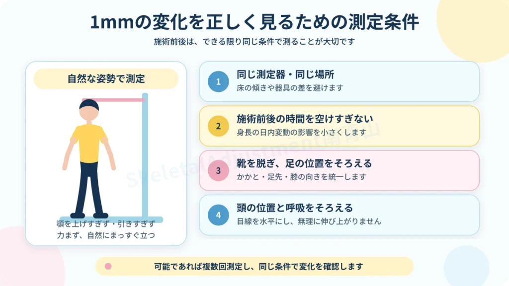 施術前後の身長を同じ条件で正しく測定する4つのポイント
身長伸ばし整体で大人の身長は伸びる?1mm〜3cmの変化例と仕組み